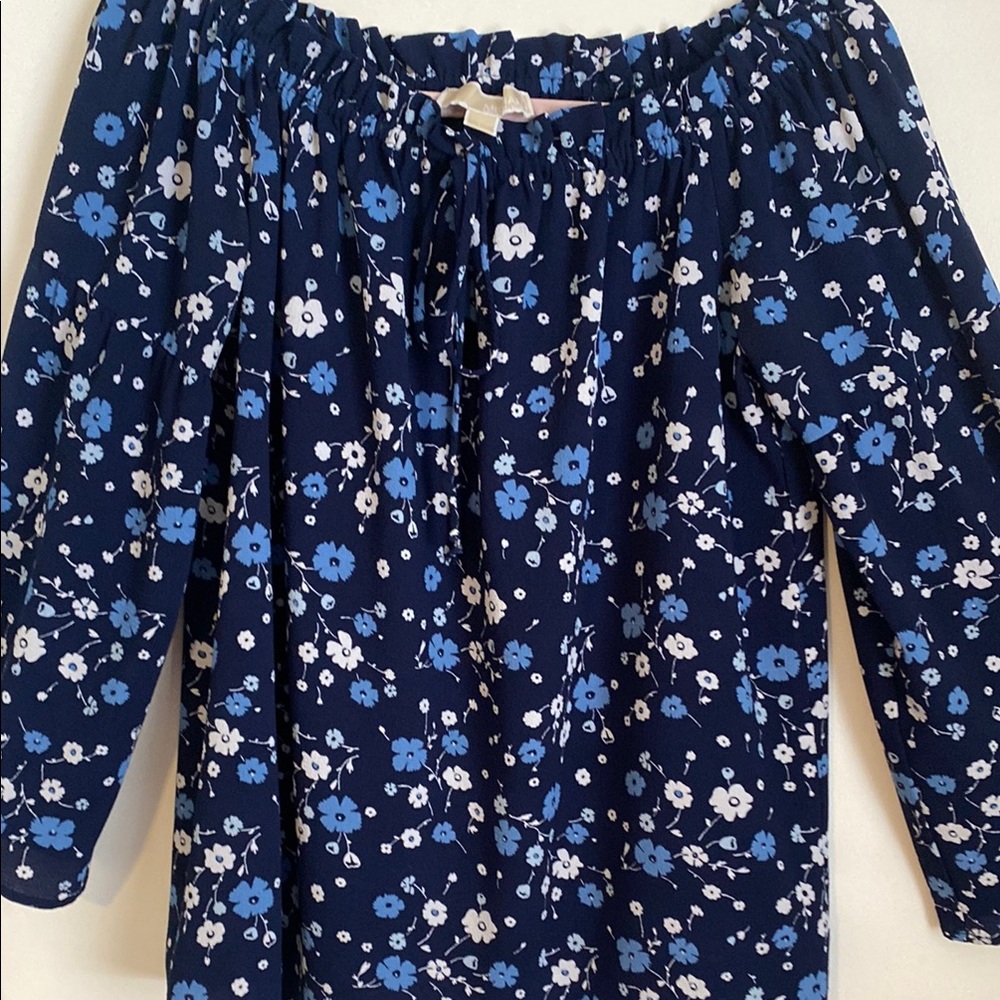 Michael Kors Blue and White Smocked Blouse with 3/4 Sleeves